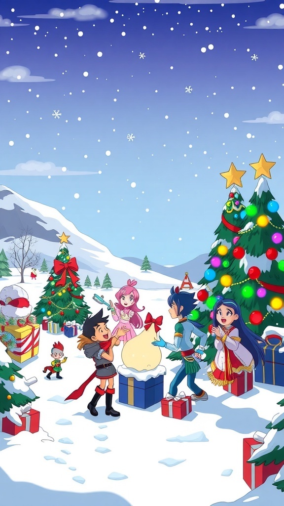 Christmas background art from Steven Universe with characters celebrating in a snowy setting.